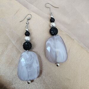 BrazenSoul Marbled White Resin Black Silver-Tone Drop Earrings